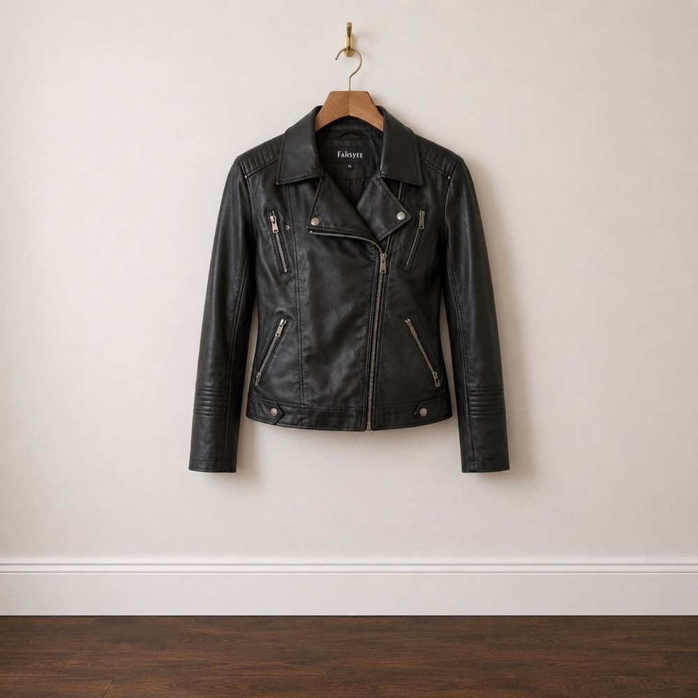 Fahsyee Womens Faux Leather Moto Jacket Black Asymmetrical Zip Quilted XL